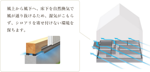 風上から風下へ、床下を自然換気で風が通り抜けるため、湿気がこもらず、シロアリを寄せ付けない環境を保ちます。
